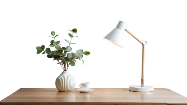 Photo of modern minimalist desk setup with a white lamp, eucalyptus plant in a vase, and a coffee cup on a wooden table, isolated on transparent background