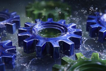 Closeup Of Blue And Green Gears Splashing With Water