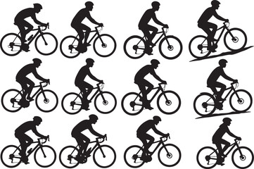 Obraz premium Twelve black silhouettes of cyclists riding bicycles on white background cycling sport
