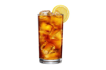 A glass of tea with a lemon slice in it