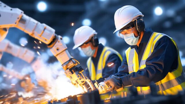 Explore a modern industrial factory where cobots and humans collaborate seamlessly, prioritizing efficiency and safety.