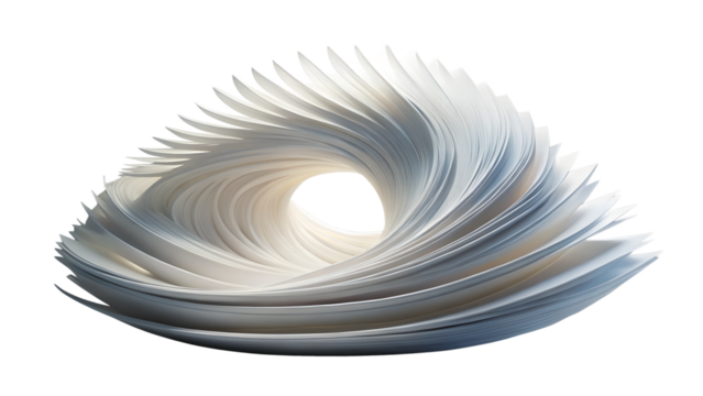 Photo of abstract white sculpture with swirling paper or fabric elements, isolated on transparent background