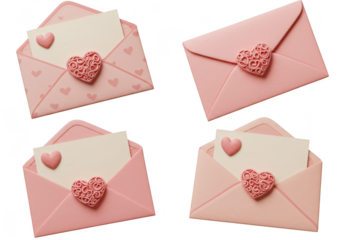 Photo of a collection of four pink envelopes with heart decorations, isolated on transparent background, ideal for valentines day