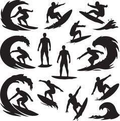 Black silhouette surfers riding waves and standing on surfboards isolated on white surfing ocean