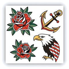 The image you’ve uploaded is a vibrant collection of vintage tattoo flash designs, featuring traditional American tattoo motifs such as roses, hearts, daggers, wings, keys, and banners with words like