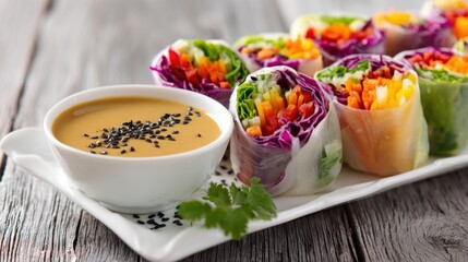 Colorful vegetable rolls with dipping sauce
