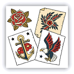 The image you’ve uploaded is a vibrant collection of vintage tattoo flash designs, featuring traditional American tattoo motifs such as roses, hearts, daggers, wings, keys, and banners with words like