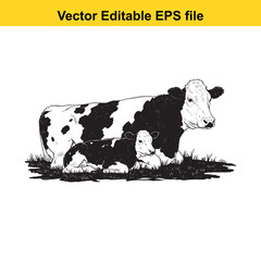 vector art of black and white illustration of a cow and calf in a grassy field © ShahAlam