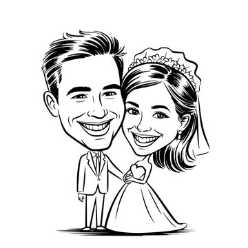 Wedding Caricature: A jovial caricature of a bride and groom, radiating happiness and love on their special day, captured in a charming cartoon style.
