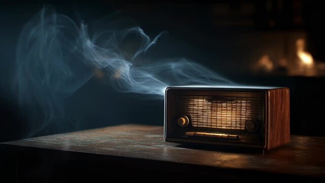 A vintage radio emits captivating melodies while swirling smoke dances around it in a warmly lit space. The ambiance creates a nostalgic atmosphere filled with charm and elegance.