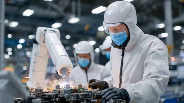 Collaborative human-cobot assembly in a bright, cleanroom setting, prioritizing precision and safety for aerospace components.