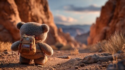 Obraz premium Adventurous Teddy Bear Hiking in Desert Canyon with Backpack