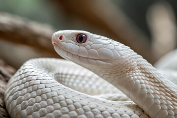 Naklejka premium Albino Texas Rat Snake With Coiled Body and Pink Eye