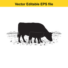 vector art of silhouette of a cow and calf grazing in a field