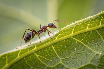 Ant Crawling Across a Green Leaf in Nature