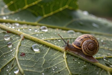 Garden Snail Crawling on a Big Green Leaf in Morning Dew