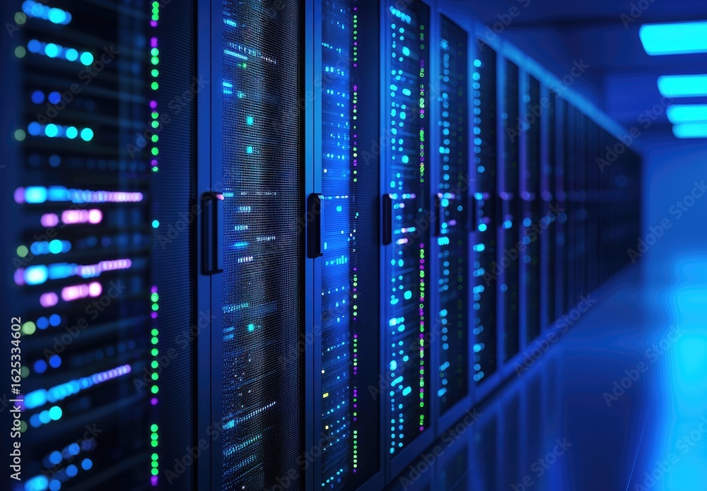 Poster modern data center corridor with illuminated server racks and blinking lights, ideal for technology 
