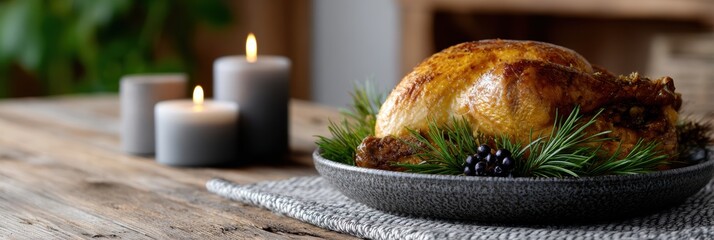 seasonal table setting, thanksgiving setup with wooden textures, turkey, candles, and seasonal dishes, with natural light and space for header text