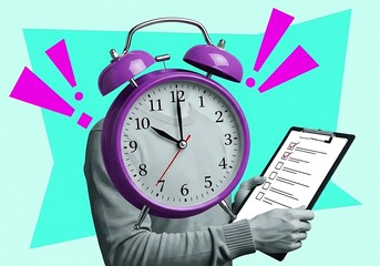 Alarm Clock Head Person Holding To Do List Urgent Tasks Deadline Approaching Schedule Management