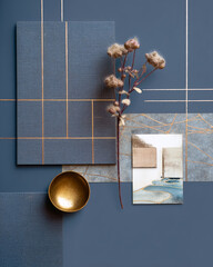 Art Deco style: interior moodboard layout, dusty blue background with bronzed lines and decorative pattern