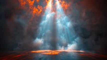 Fototapeta premium Dramatic smoky scene with rays piercing clouds onto a floor