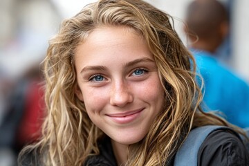 Fototapeta premium Smiling young caucasian female with blonde hair and blue eyes in casual outdoor setting