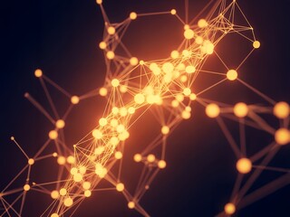 Illuminating interconnected network of glowing nodes and connecting lines creating a complex futuristic digital web structure representing data flow and connectivity in a dark abstract background