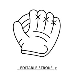A baseball glove icon in minimalist style with editable stroke. Sport equipment, catching glove, outdoor game, athletic gear, match object, training tool, leather accessory, outline element