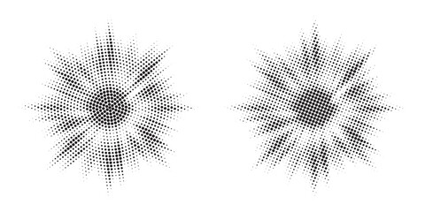 Halftone circle frame background set. Round border Icon using halftone random circle. Grunge circular stain. Vector illustration.