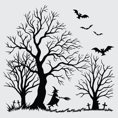 Halloween Silhouette with Witch, Flying Bats, Bare Trees, and Spooky Graveyard Scene