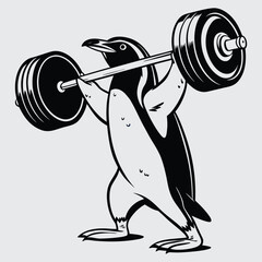Strong Penguin Silhouette Lifting Barbell Cartoon Illustration for Fitness and Humor Design © Shahanaz
