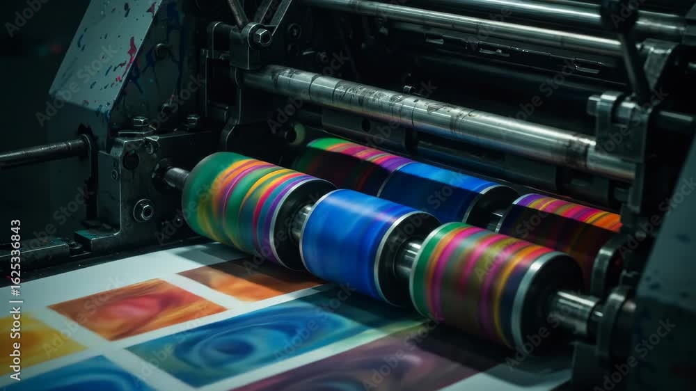 Poster offset printing press in action - close-up view of a vibrant offset printing press in operation, sho