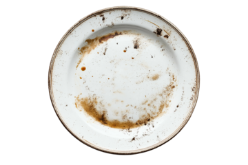 Dirty plate with leftover food and stains, isolated on a white or transparent background. Ideal for cleaning, kitchen, hygiene, and dishwashing design concepts.