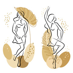 Collection. Silhouette of a cute lady and leaves of a plant. The girl is standing. The woman has a beautiful figure. She is young and slim. Vector illustration set.