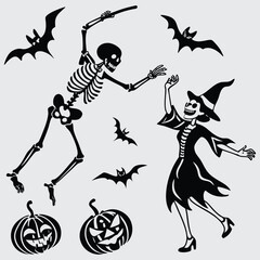 Dancing Skeletons Halloween Silhouette with Bats, Pumpkins, and Ghost Elements