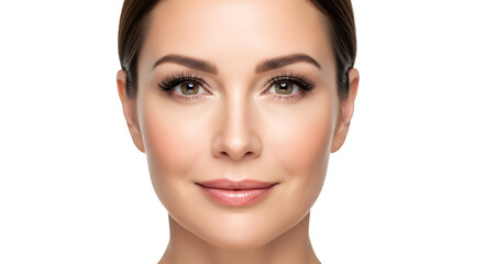 Obraz premium Close up shot of a woman's face with clear skin and defined eyebrows on a white background