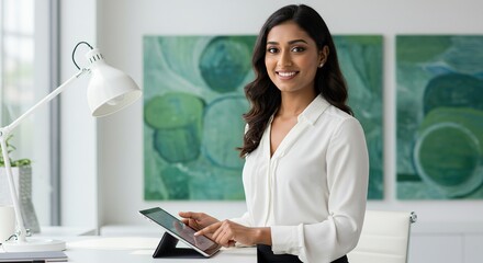 Professional woman using tablet for business in office setting with modern decor smiling