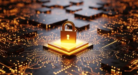 Digital padlock on a glowing circuit board representing cybersecurity and data protection