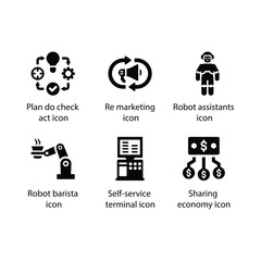 Plan do check act, Re marketing, Robot assistants, Robot barista, Self-service terminal, Sharing economy, icon