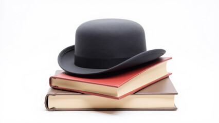 Classic bowler hat rests atop stacked books, creating a scholarly scene.