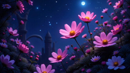 Dreamy Cosmos Field at Night with Castle Silhouette Under Moon
