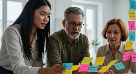 Diverse team collaboration on project planning using sticky notes for brainstorming ideas at the office