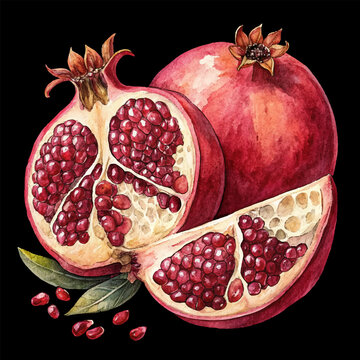 Watercolor Pomegranate Vector Watercolor Illustration Black Background