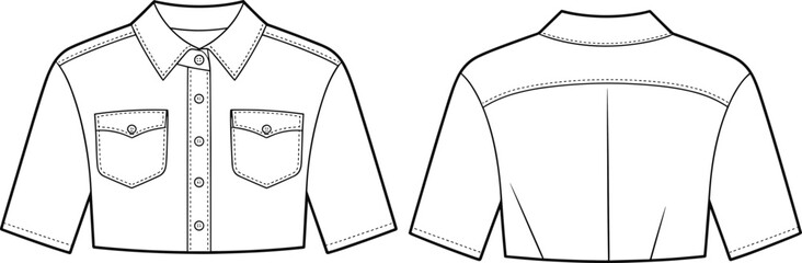 Short-sleeved shirt CAD drawing, front and back views, button placket, chest pockets, back yoke seam, fashion sketch, vector template