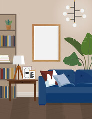 Classic interior with wooden frame mockup on the wall and blue sofa. Empty photo frames in living room interior. Vector illustration.