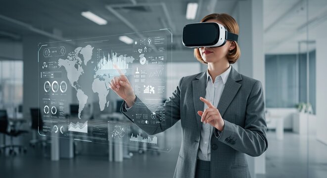 Businesswoman using vr headset for data analysis and virtual reality world exploration in office space