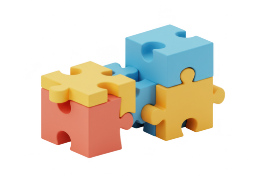 Photo of interlocking colorful jigsaw puzzle pieces are stacked together, symbolizing teamwork, problemsolving, and strategic planning isolated on transparent background