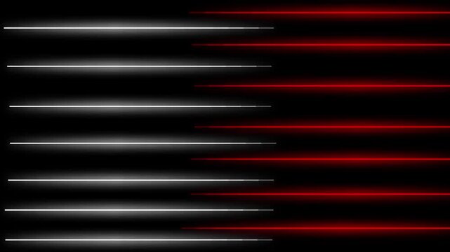 Seamless loop of parallel horizontal red and white light lines moving on a black background