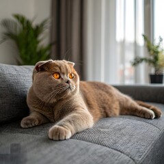 Cute red scottish fold cat with orange eyes lying on grey textile sofa at home. Soft fluffy purebred short hair straight-eared kitty. Background, copy space, close up.
