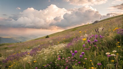 Obraz premium A hilltop flower meadow with a soft-focus sky and fluffy clouds, gentle tone